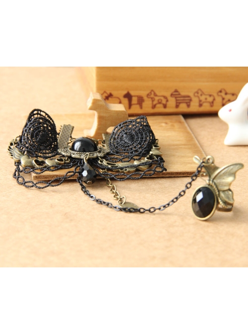 Gothic Retro Black Lace Butterfly Crystal Love Heart Bracelet With Ring One Chain