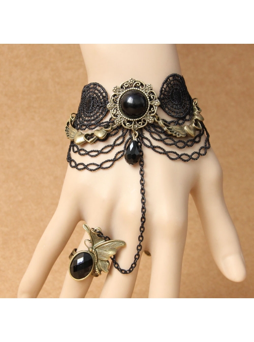 Gothic Retro Black Lace Butterfly Crystal Love Heart Bracelet With Ring One Chain