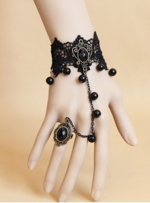 Halloween Dress Up Retro Gothic Black Pearl Crystal Lace Female Bracelet With Ring One Chain