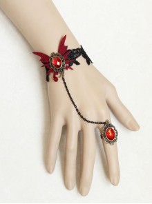 Gothic Retro Fashion Red Butterfly Crystal Black Lace Female Bracelet With Ring One Chain
