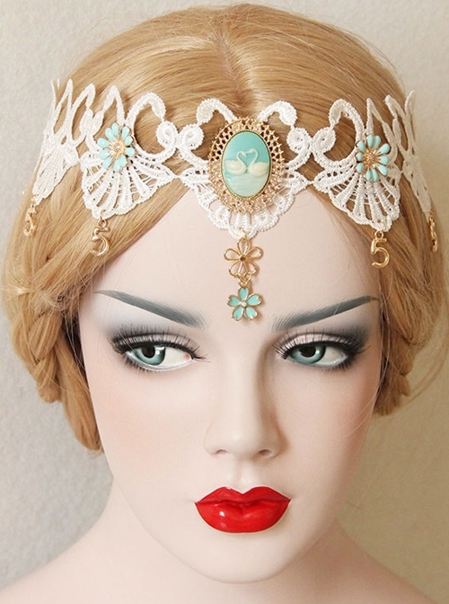 Luxury Baroque White Lace Blue Flowers Crown Swan Retro Bride Christmas Hairband