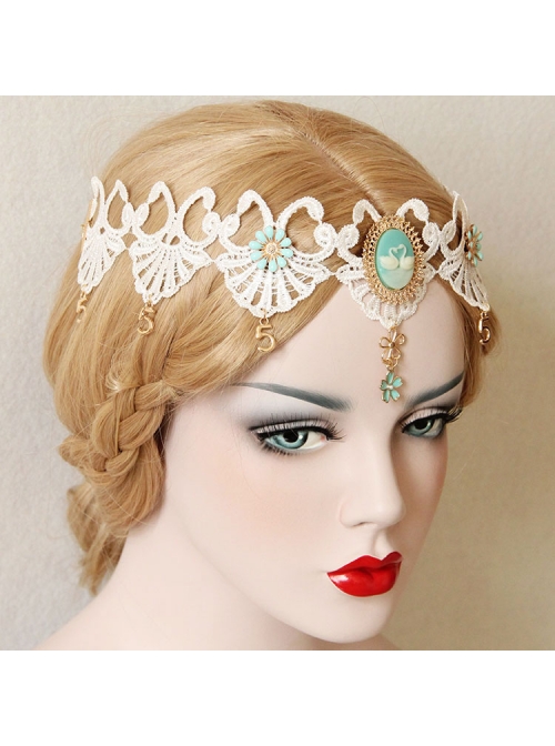 Luxury Baroque White Lace Blue Flowers Crown Swan Retro Bride Christmas Hairband