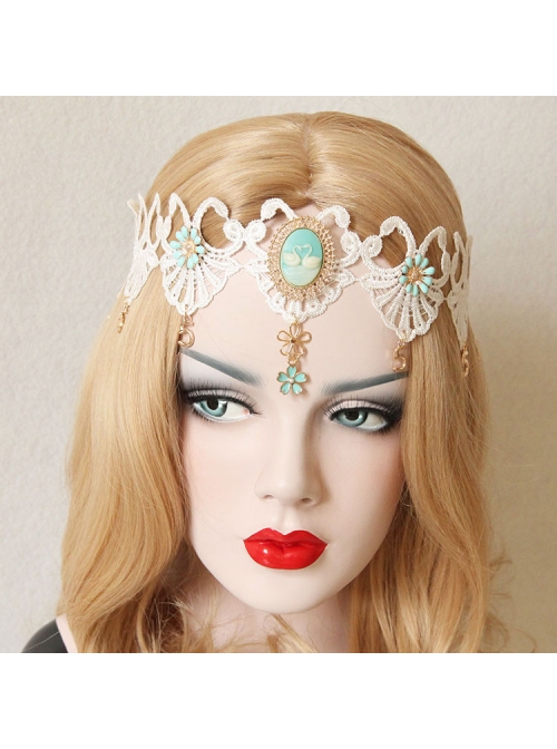 Luxury Baroque White Lace Blue Flowers Crown Swan Retro Bride Christmas Hairband