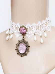Baroque Retro Fashion White Lace Purple Rose Resin Diamond Short Necklace For Women