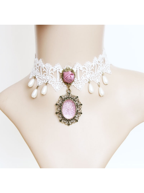 Baroque Retro Fashion White Lace Purple Rose Resin Diamond Short Necklace For Women
