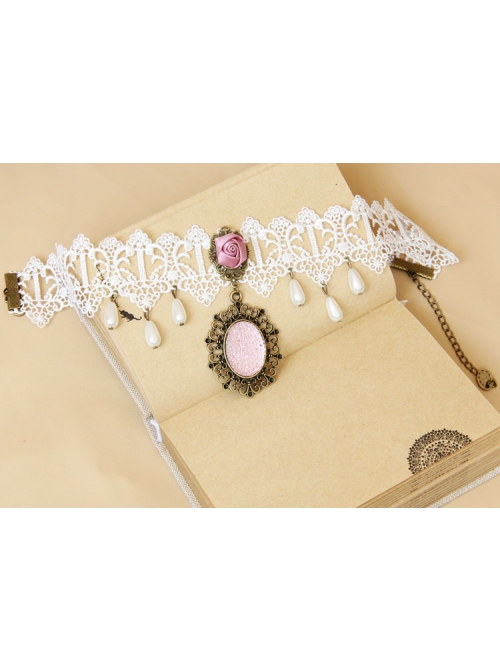 Baroque Retro Fashion White Lace Purple Rose Resin Diamond Short Necklace For Women