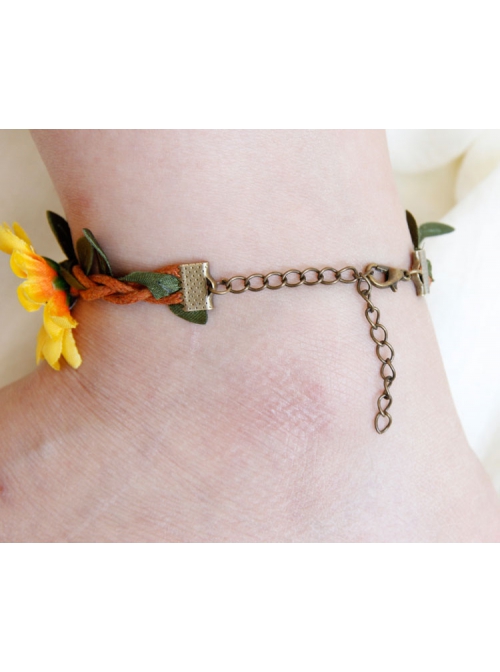 Leisure Artificial Rattan Green Leaves Yellow Flowers Summer Vacation Fashion Anklet