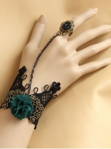 Fashion Retro Gothic Christmas Handmade Black Lace Dark Green Flowers Bracelet Ring One Chain