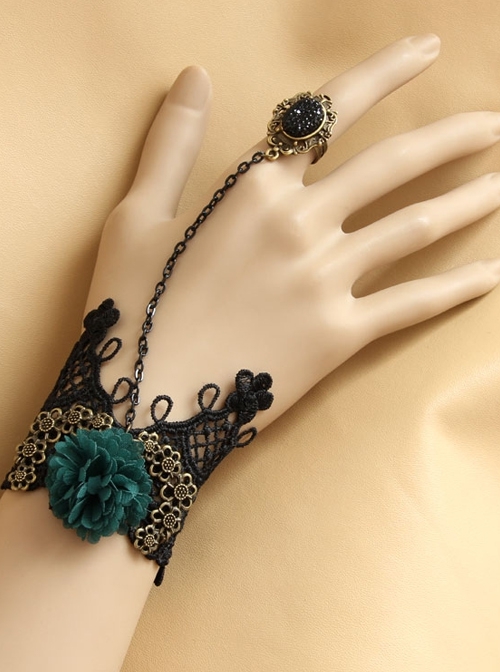 Fashion Retro Gothic Christmas Handmade Black Lace Dark Green Flowers Bracelet Ring One Chain