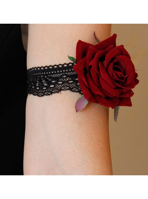 Gothic Retro Dark Red Rose Black Lace Elastic Armband Bracelet