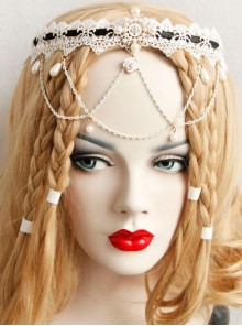 Baroque White Lace Roses Pearl Bride Wedding Dress Handmade Creative Tassel Headband