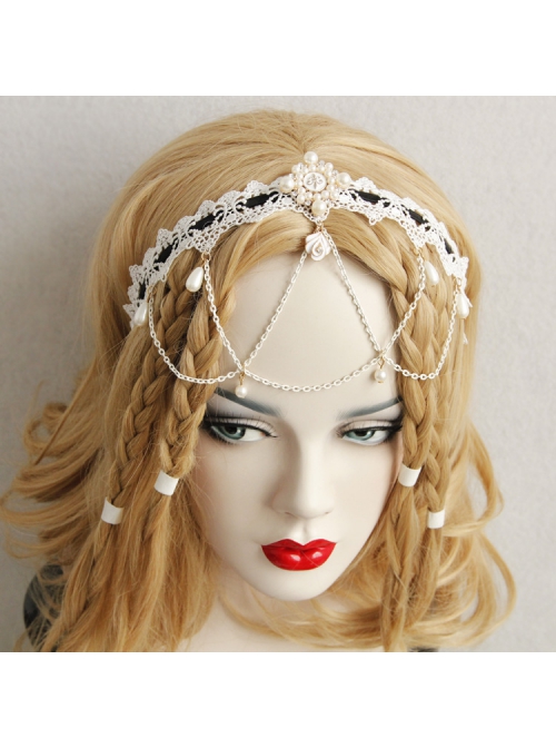 Baroque White Lace Roses Pearl Bride Wedding Dress Handmade Creative Tassel Headband