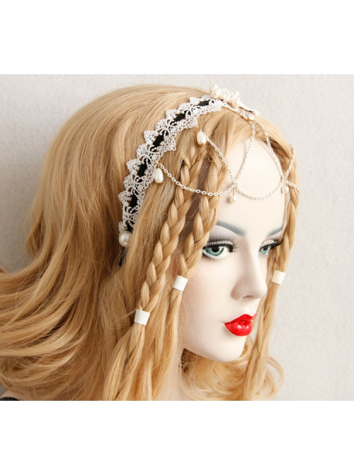 Baroque White Lace Roses Pearl Bride Wedding Dress Handmade Creative Tassel Headband