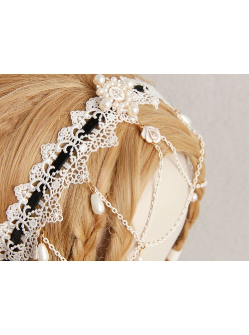 Baroque White Lace Roses Pearl Bride Wedding Dress Handmade Creative Tassel Headband