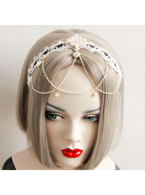 Baroque White Lace Roses Pearl Bride Wedding Dress Handmade Creative Tassel Headband