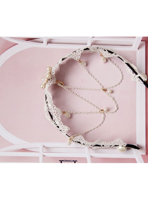 Baroque White Lace Roses Pearl Bride Wedding Dress Handmade Creative Tassel Headband