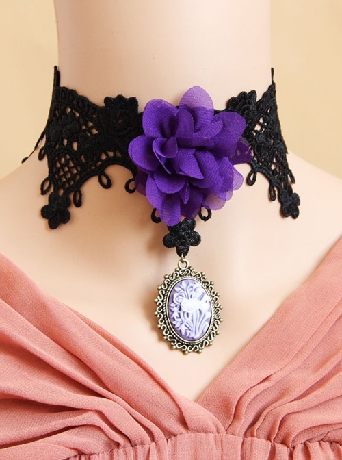 Retro Gothic Pop Purple Flower Black Lace Pendant Choker
