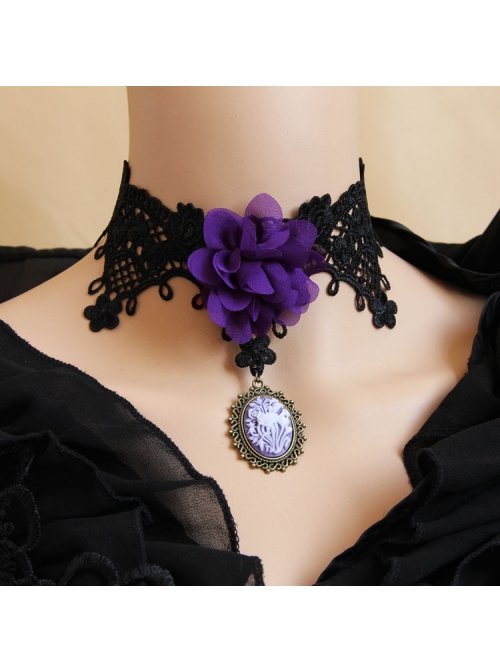 Retro Gothic Pop Purple Flower Black Lace Pendant Choker