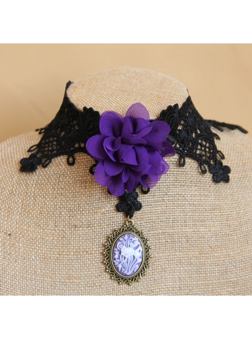 Retro Gothic Pop Purple Flower Black Lace Pendant Choker