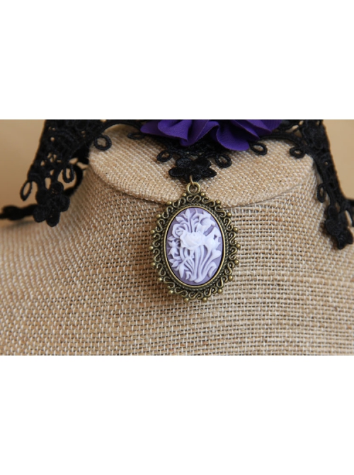 Retro Gothic Pop Purple Flower Black Lace Pendant Choker