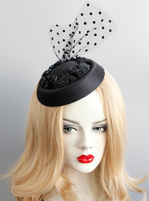 Palace Gothic Retro Jockey Club Black Rose Mesh Evening Dress Top Hat