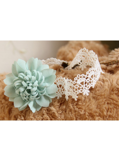 Retro Fashion Handmade Blue Flowers Female White Lace Short Necklace