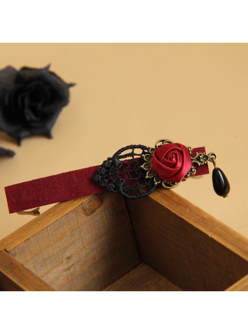 Gothic Retro Black Lace Red Rose Pearl Handmade Personality Hairpin