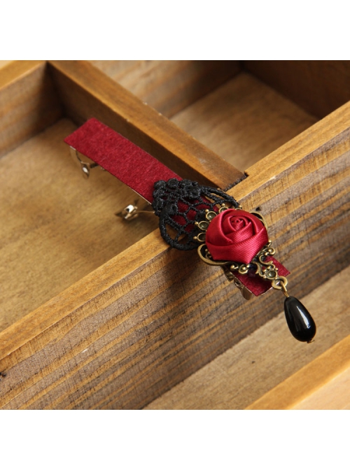 Gothic Retro Black Lace Red Rose Pearl Handmade Personality Hairpin