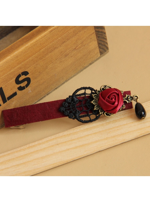 Gothic Retro Black Lace Red Rose Pearl Handmade Personality Hairpin