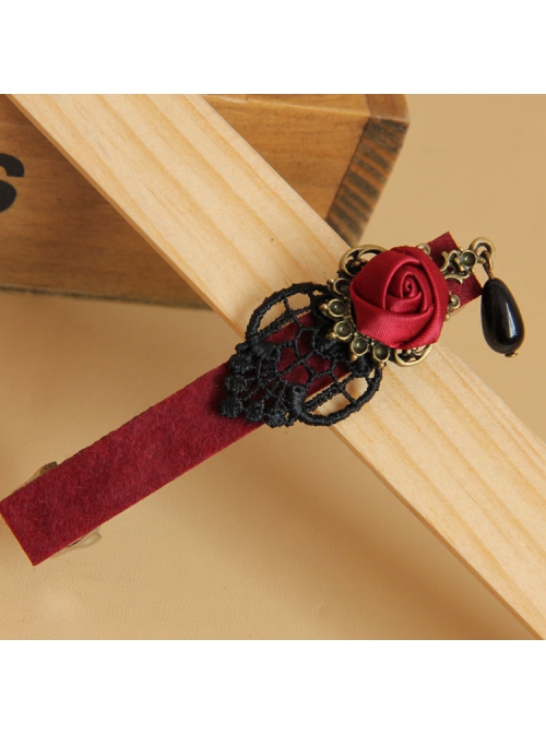 Gothic Retro Black Lace Red Rose Pearl Handmade Personality Hairpin