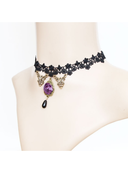 Black Lace Pearl Purple Rose Retro Gothic Halloween Prom Choker