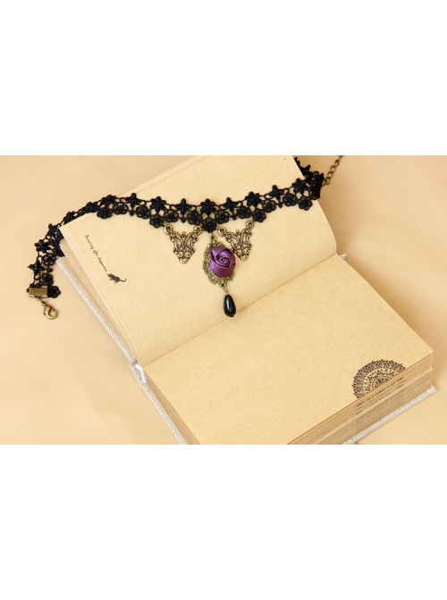 Black Lace Pearl Purple Rose Retro Gothic Halloween Prom Choker
