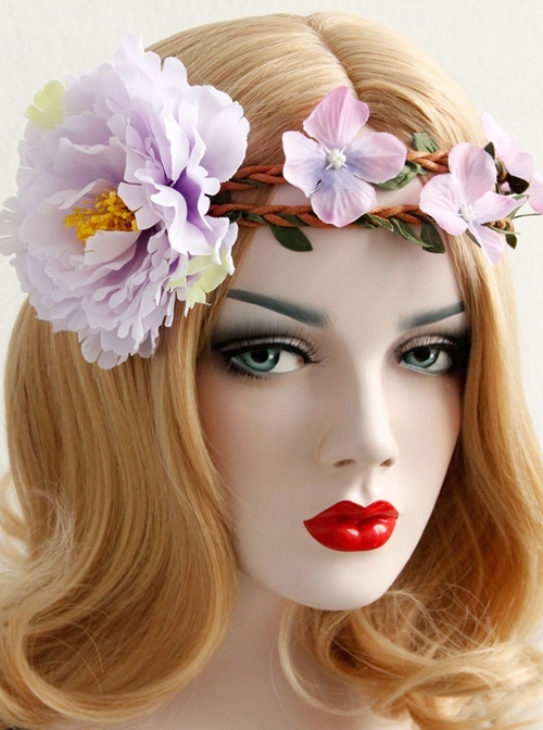 Christmas Holiday Fashion Retro Rattan Purple Flowers Garland Headband