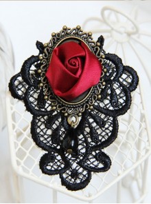 Gothic Retro Black Lace Red Rose Flower Handmade Fashion Female Brooch