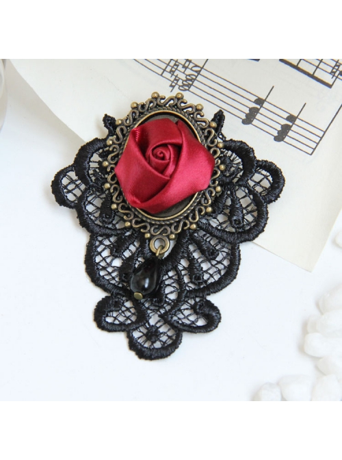 Gothic Retro Black Lace Red Rose Flower Handmade Fashion Female Brooch