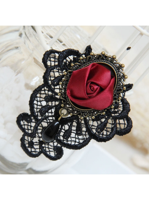 Gothic Retro Black Lace Red Rose Flower Handmade Fashion Female Brooch