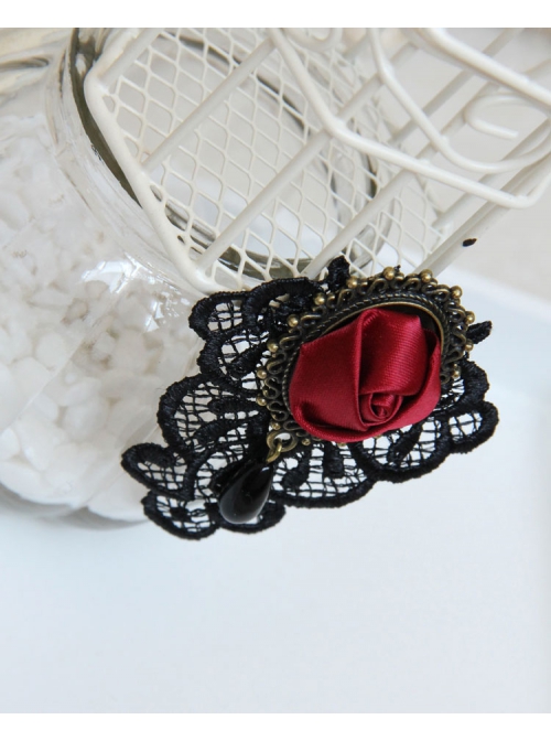 Gothic Retro Black Lace Red Rose Flower Handmade Fashion Female Brooch
