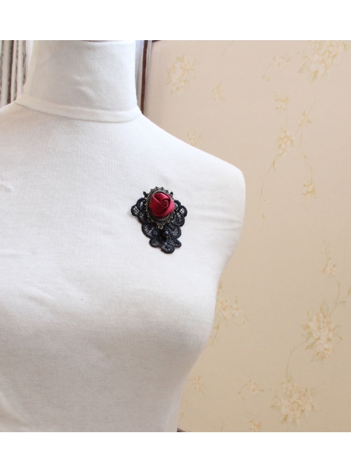Gothic Retro Black Lace Red Rose Flower Handmade Fashion Female Brooch