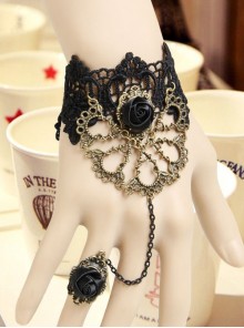 Gothic Retro Vampire Rose Flower Black Lace Bracelet With Ring One Chain