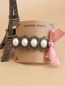 Baroque Fashion Handmade Classical Lady White Pearl Pink Bow Hairpin