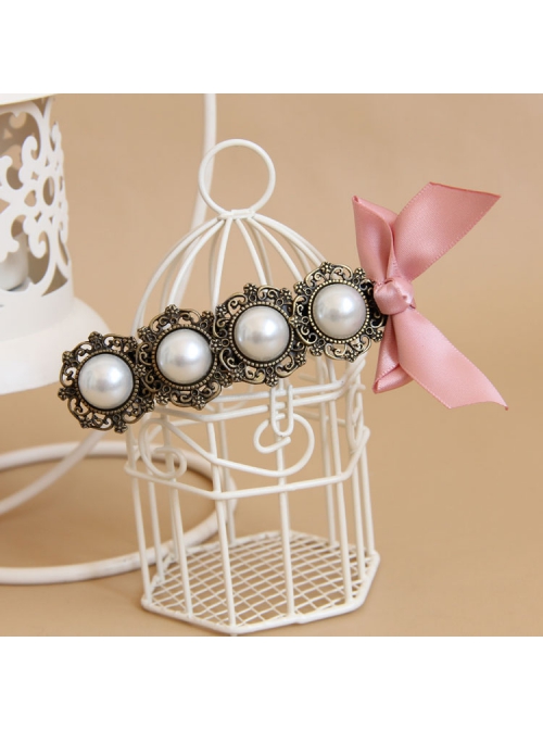 Baroque Fashion Handmade Classical Lady White Pearl Pink Bow Hairpin