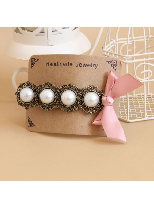 Baroque Fashion Handmade Classical Lady White Pearl Pink Bow Hairpin