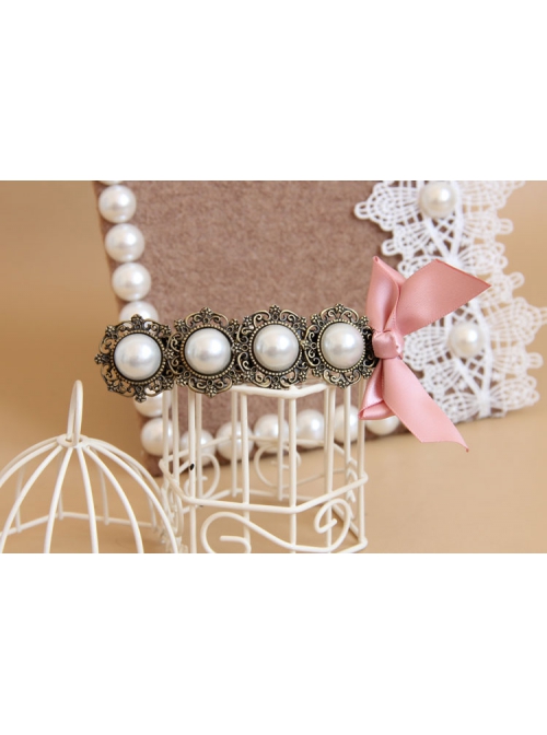 Baroque Fashion Handmade Classical Lady White Pearl Pink Bow Hairpin