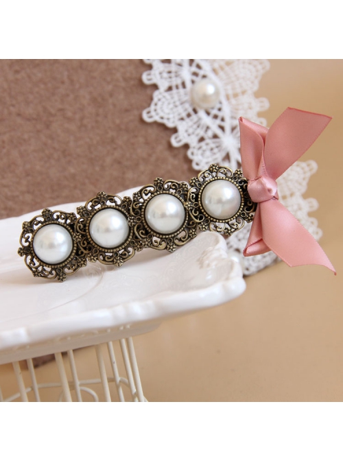 Baroque Fashion Handmade Classical Lady White Pearl Pink Bow Hairpin