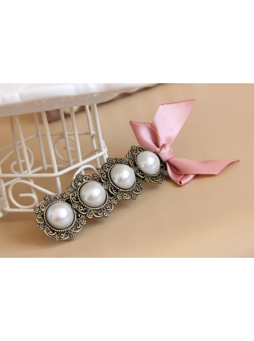 Baroque Fashion Handmade Classical Lady White Pearl Pink Bow Hairpin