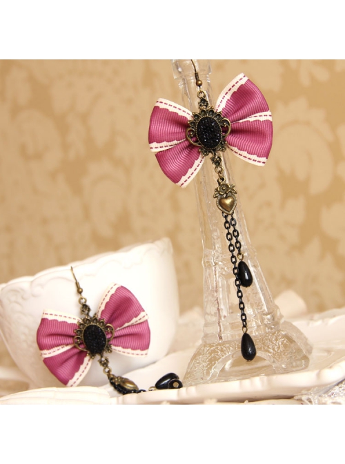 Fashion Exaggerated Tassel Handmade Black Pearl Love Pink Bow Long Earrings