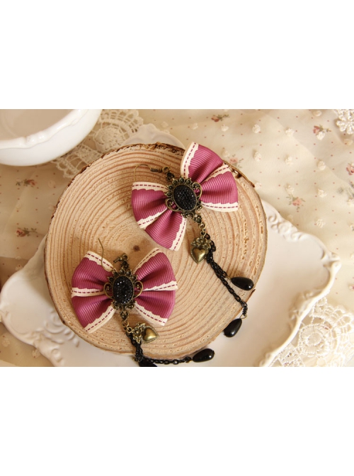 Fashion Exaggerated Tassel Handmade Black Pearl Love Pink Bow Long Earrings