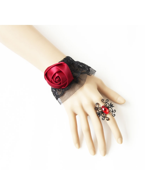Gothic Vintage Black Lace Red Rose Bracelet Band Ring Wristband