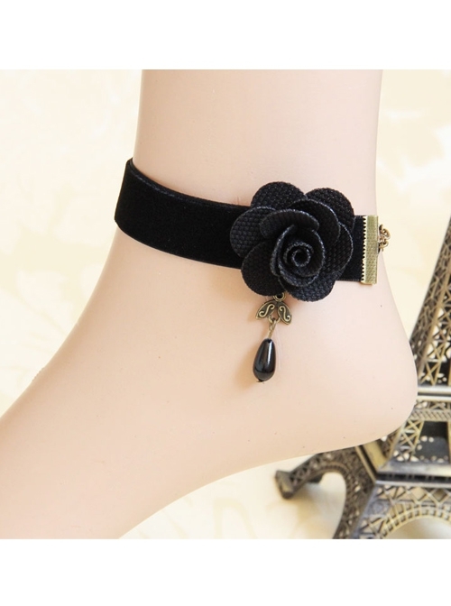 Punk Retro Black Lace Rose Flower Gothic Velvet Anklet