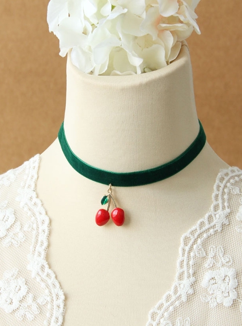 Punk Exaggerated Casual Fashion Female Dark Green Velvet Red Cherry Choker